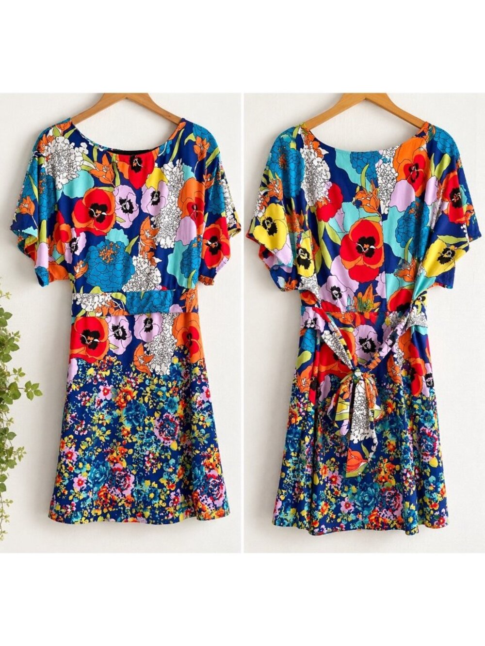 BCBGMAXAZRIA Floral Print Dress M Kimono Sleeve Tie Back Boho Colorblock